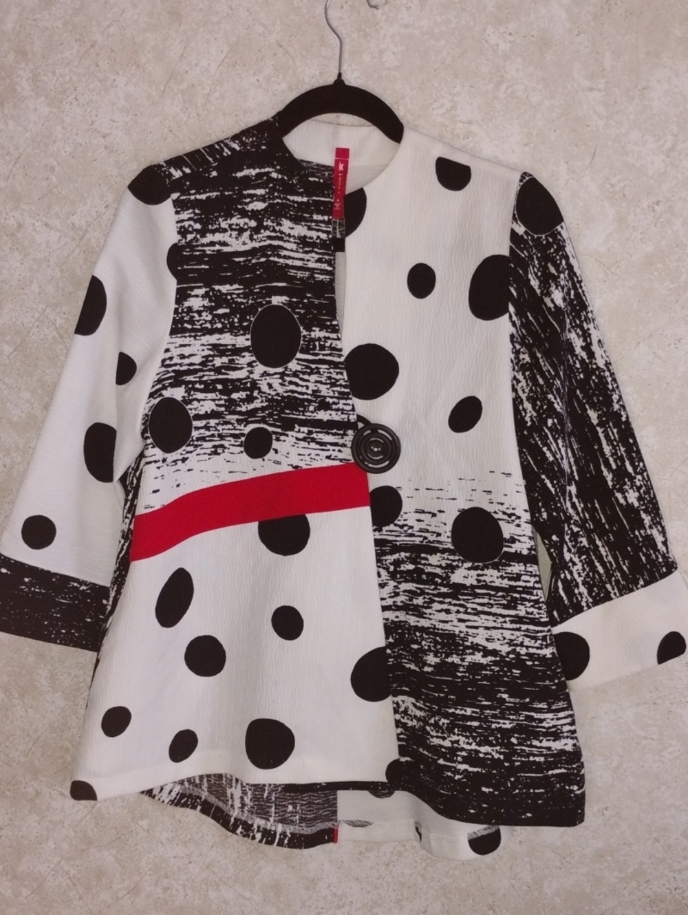 iC By Connie K Graphic Black & White Polka Dot Jacket with Red Accent, Art Deco